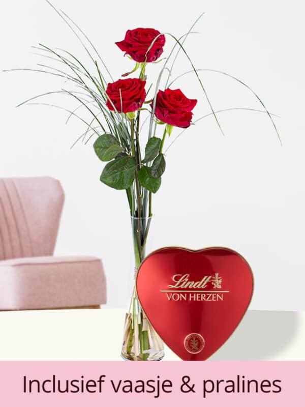 Drie rode rozen inclusief glasvaas en Lindt hart bezorgen