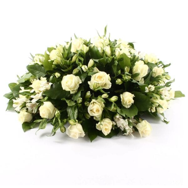 Rouwbiedermeier witte Rozen witte Alstroemeria bezorgen via Rouwboeket