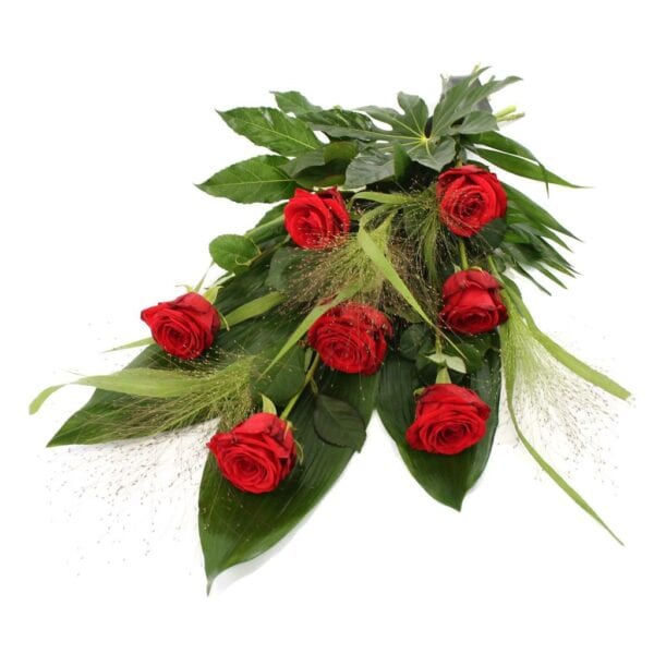 Rouwboeket rode Rozen met blad bezorgen via Rouwboeket