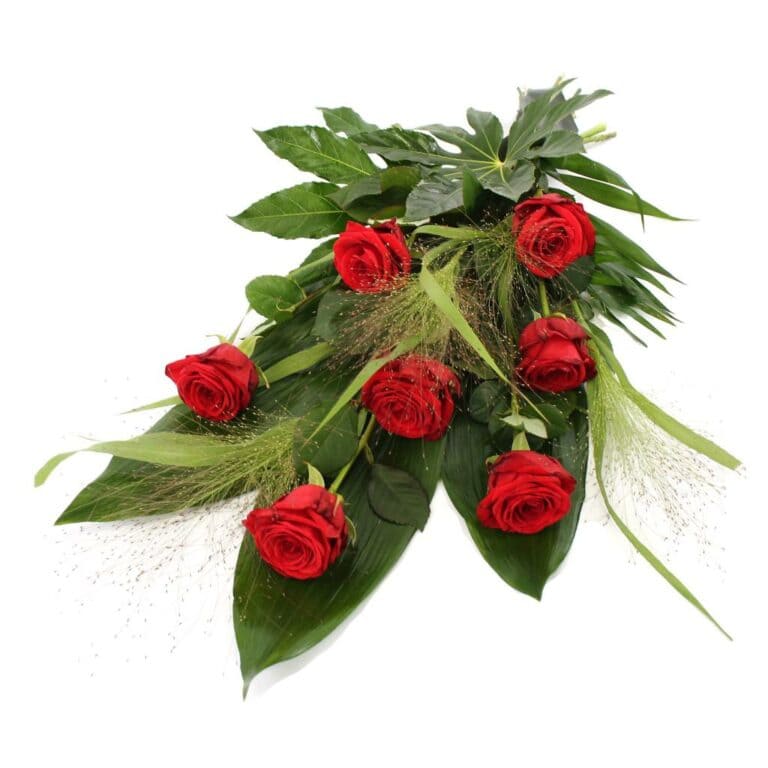 Rouwboeket rode Rozen met blad bezorgen via Rouwboeket