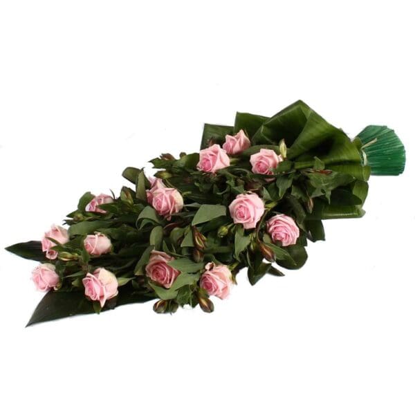 Rouwboeket roze Roos met rode Alstroemeria bezorgen via Rouwboeket