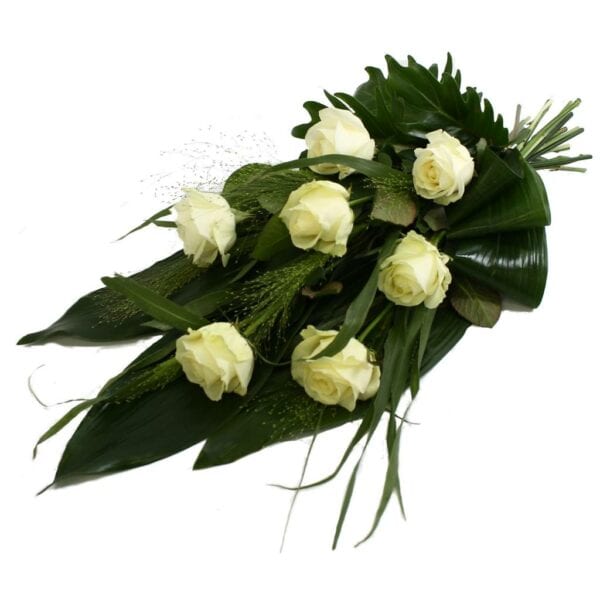 Rouwboeket witte Rozen en blad bezorgen via Rouwboeket