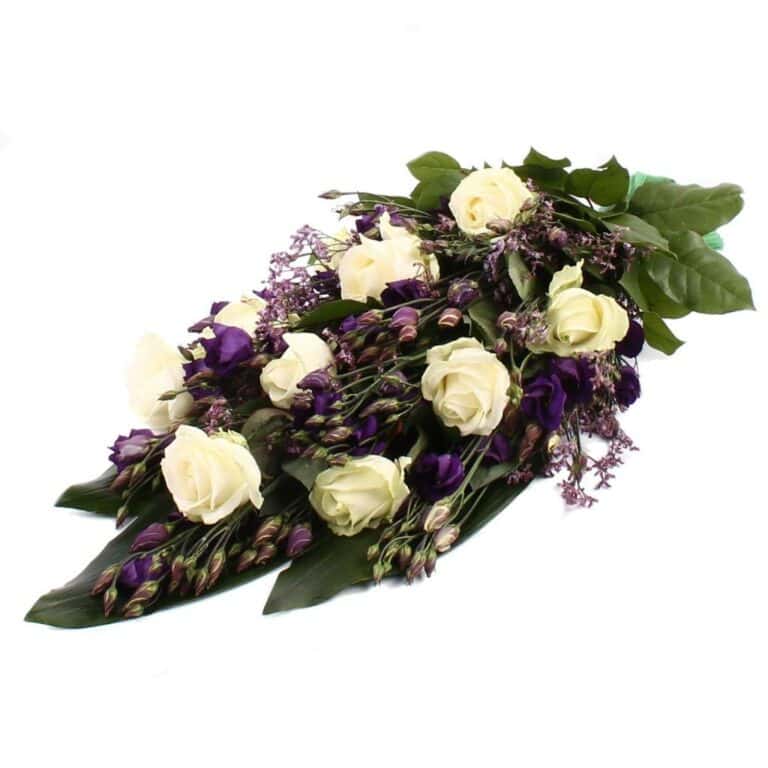 Rouwboeket witte Rozen paarse Lisianthus bezorgen via Rouwboeket