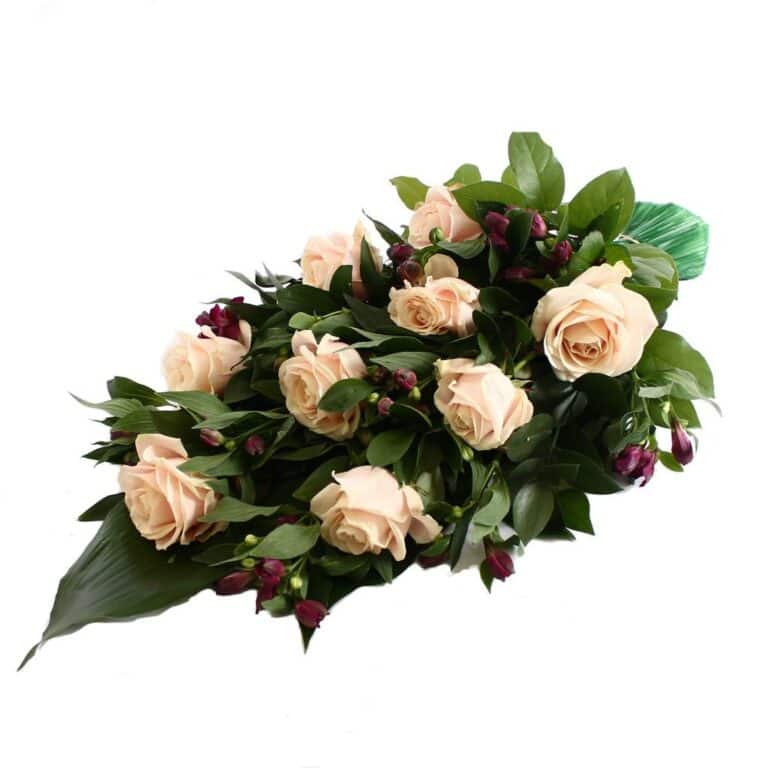 Rouwboeket zalm Rozen met Alstroemeria bezorgen via Rouwboeket