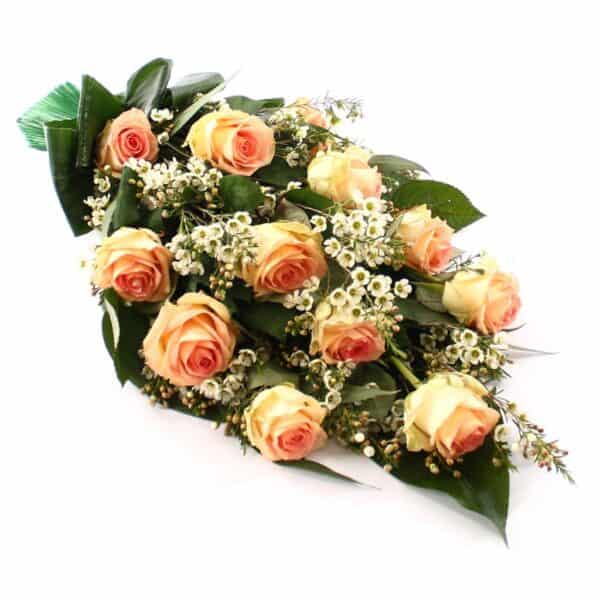 Rouwboeket zalm Rozen met Waxflower bezorgen via Rouwboeket