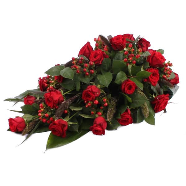 Rouwdruppel rode Rozen met Hypericum bezorgen via Rouwboeket