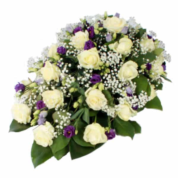 Rouwdruppel witte Rozen paarse Lisianthus bezorgen via Rouwboeket