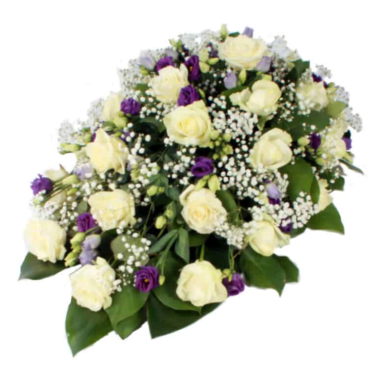 Rouwdruppel witte Rozen paarse Lisianthus bezorgen via Rouwboeket
