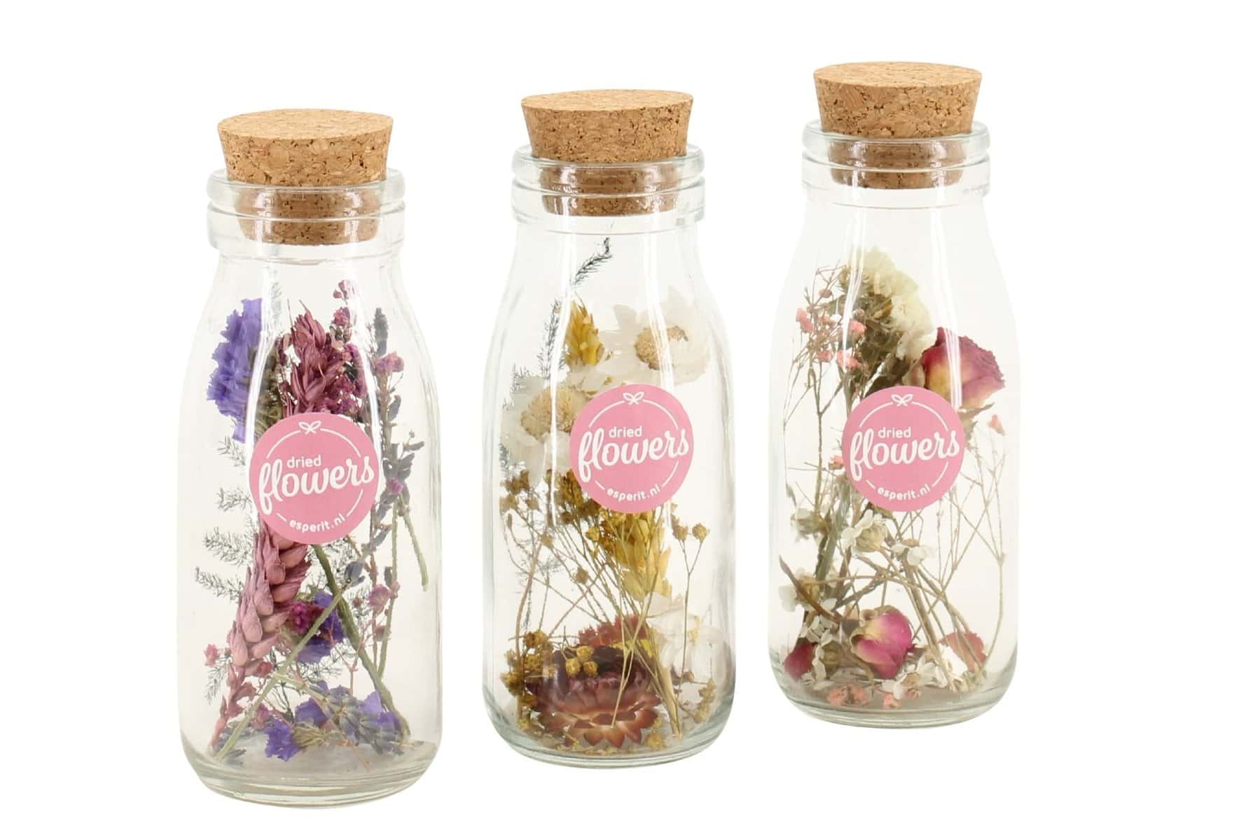 Set van 3 droogbloemen in glazen flesjes - droogboeket bezorgen via Florastore