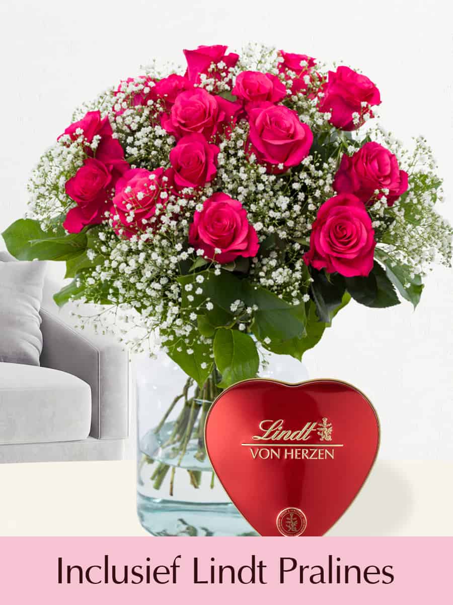 15 roze Tacazzi rozen met gipskruid + Lindt hart | Bloemify.nl