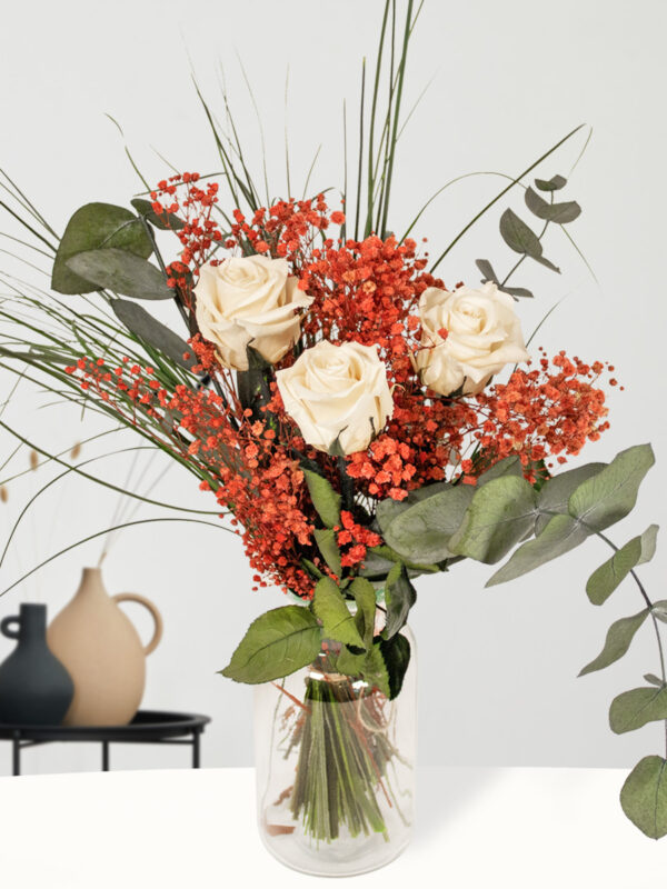 Wit-rood long life boeket inclusief vaasje | 30 cm bezorgen