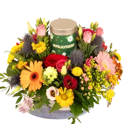 Biedermeier bont + blikje gefeliciteerd snoep