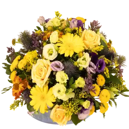 Biedermeier geel paars bloemstuk ca. 25 cm