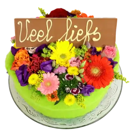 Bloementaart met Veel liefs reep