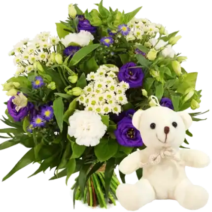Boeket blauw paars wit + knuffelbeertje