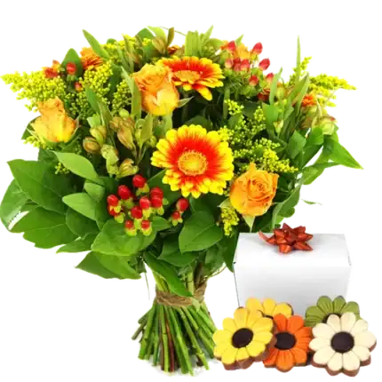 Boeket oranje geel + bloemetjes chocolade