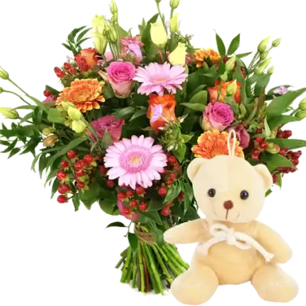 Boeket oranje roze + knuffelbeertje