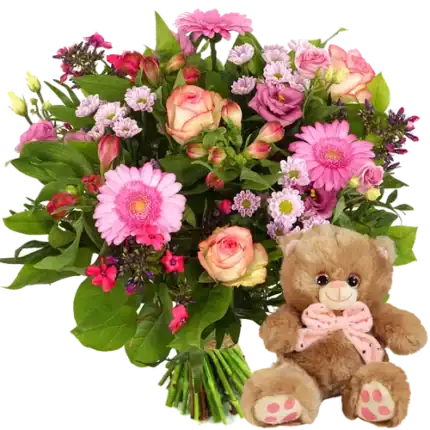 Boeket roze + knuffelbeertje