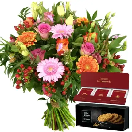 Boeket roze - oranje + koek en thee