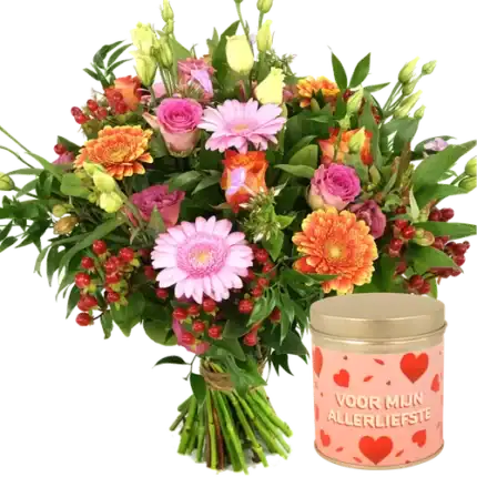 Boeket roze oranje + snoep blikje allerliefste