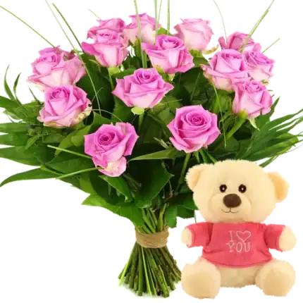 Boeket roze rozen + knuffelbeertje i love you