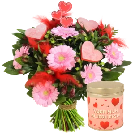 Boeket van de liefde + blikje hartjes snoep