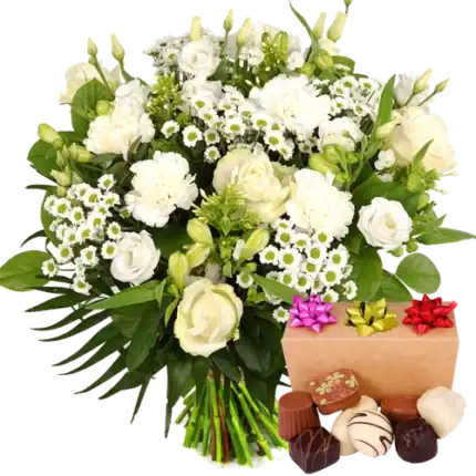 Boeket witte bloemen + 300 gram bonbons