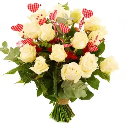 Boeket witte rozen + veren met hartjes