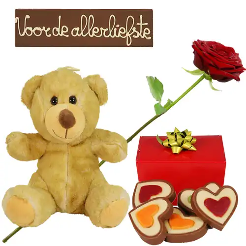 Chocolade knuffel pakket + verse rode roos Chocolade knuffel pakket + verse rode roos