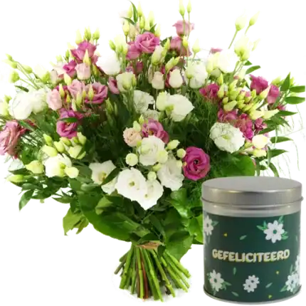 Gefeliciteerd boeket + snoep blikje gefeliciteerd