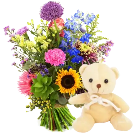 Geplukte bloemen + knuffelbeertje
