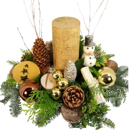 Kerststuk goud met dikke kaars