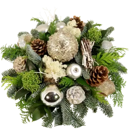 Kerststuk wit zilver Rond ca. 35cm