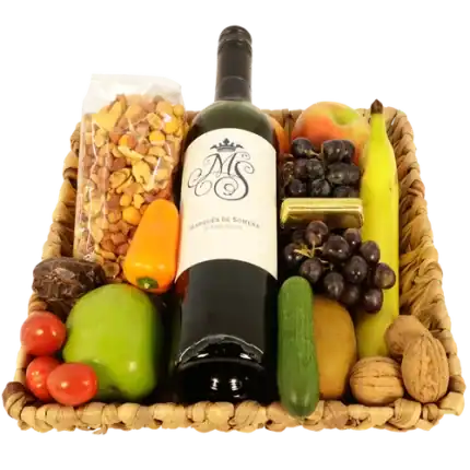 Luxe wijn fruitmand met borrelmixed met borrelmixed Ø 30cm