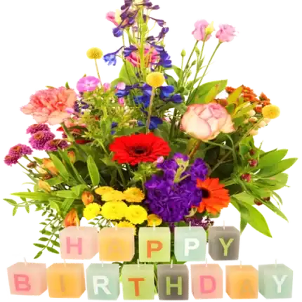 Plukboeket bont + happy birthday kaarsen