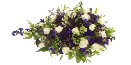 Rouwstuk 80 - 90 - 100 cm wit paars met o.a witte rozen