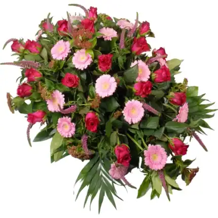 Rouwstuk roze rozen en gerberas