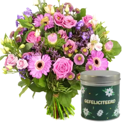 Roze paars boeket + gefeliciteerd blikje
