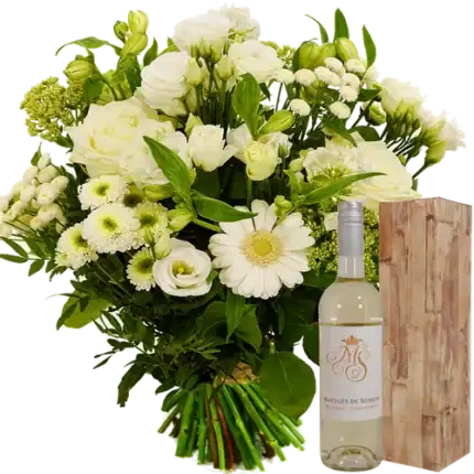 Springerig wit boeket + fles witte wijn
