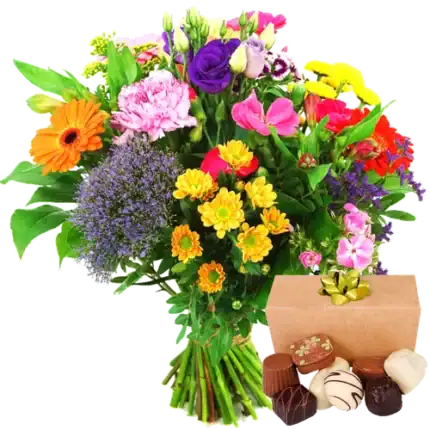 Boeket bonte bloemen + 150 gram bonbons