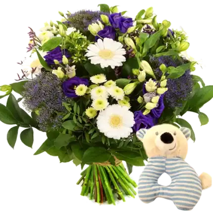Geboorte boeket jongen + rammelaar