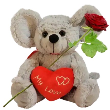 Knuffelige grijze muis ca. 28cm met rood hart