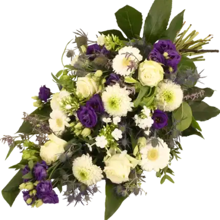 Rouwboeket blauw-paars-wit