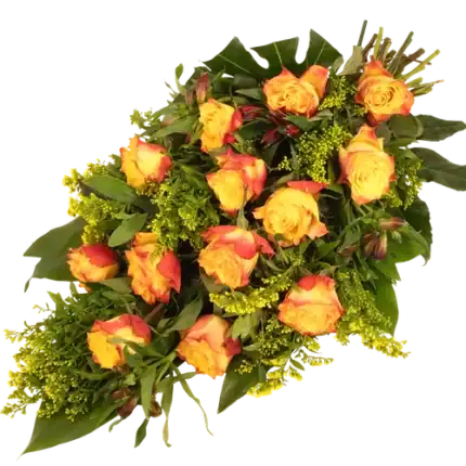 Rouwboeket oranje rozen en bloemen