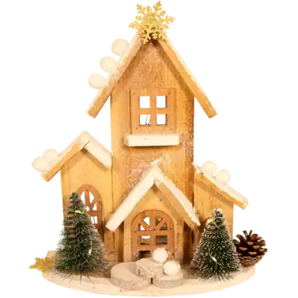 Houten kersthuis + LED H 29cm X B 21cm