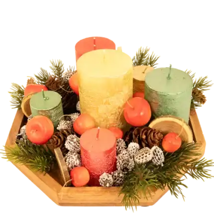 Kerstplateau met 6 dikke kaarsen