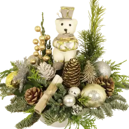 Kerststuk beer met trommel wit zilver goud