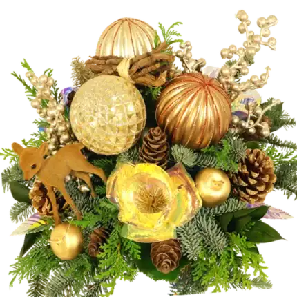 Kerststuk goud brons met parelmoer rozen