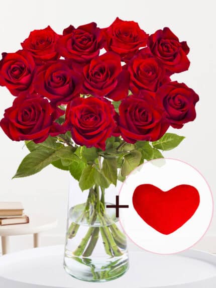Valentijnsboeket - 12 rode rozen EverRed - Incl. knuffel hartje bezorgen
