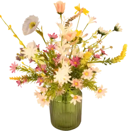 Kunstbloemen veldboeket inclusief glazen vaas
